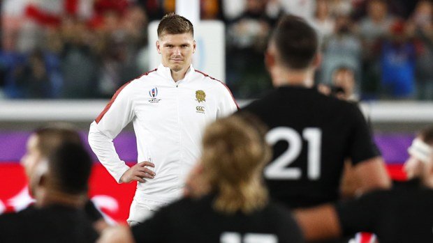 Owen Farrell of England facing the haka.