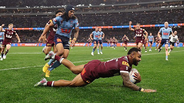 Hamiso Tabuai-Fidow scores a try against the NSW Blues.