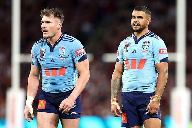 Angus Crichton and Latrell Mitchell in action during game one of the 2025 State of Origin series.