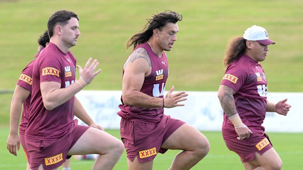 From left: Trent Loiero, Tino Fa'asuamaleaui and Josh Papali'i ahead of the 2025 State of Origin series.