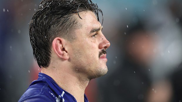 Reed Mahoney of the Bulldogs looks on after the round 12 NRL match between Canterbury Bulldogs and Dolphins at Accor Stadium on May 22, 2025, in Sydney, Australia. (Photo by Cameron Spencer/Getty Images)