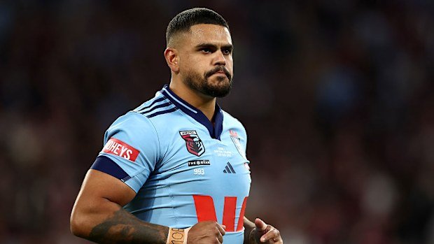 Latrell Mitchell of the NSW Blues runs out in game one of the 2025 State of Origin series.