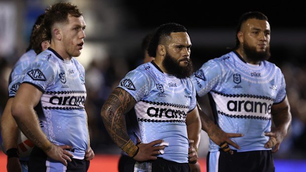 Siosifa Talakai of the Sharks looks on during the round 14 NRL match between Cronulla Sharks and New Zealand Warriors at Sharks Stadium on June 07, 2025 in Sydney, Australia. (Photo by Jason McCawley/Getty Images)