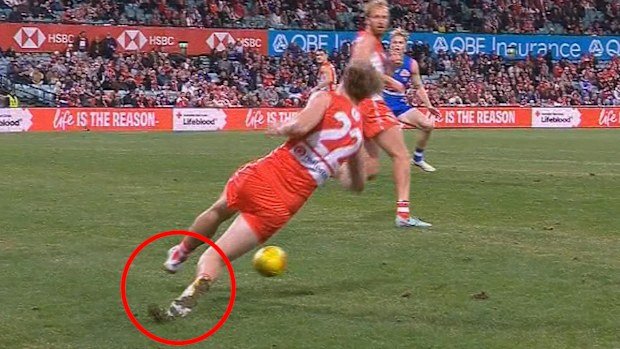 Swans defender Nick Blakey was one of several players to slip over at the Paddington end against the Bulldogs at the SCG.
