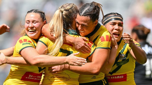 The Jillaroos celebrate a Tarryn Aiken try.