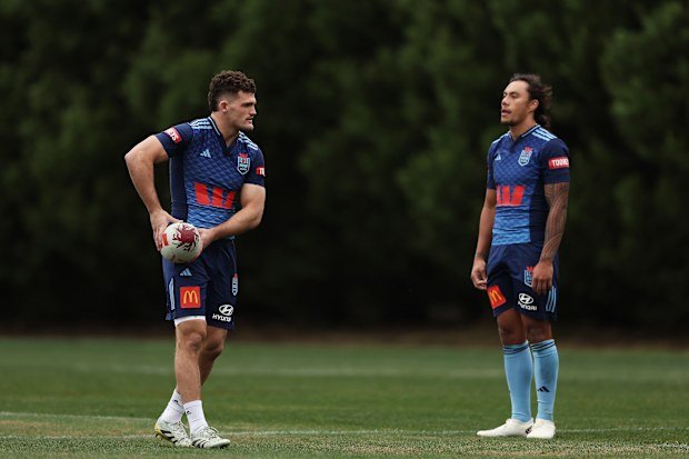 Nathan Cleary (L) and Jarome Luai (R) during a NSW Blues training session in the Blue Mountains.